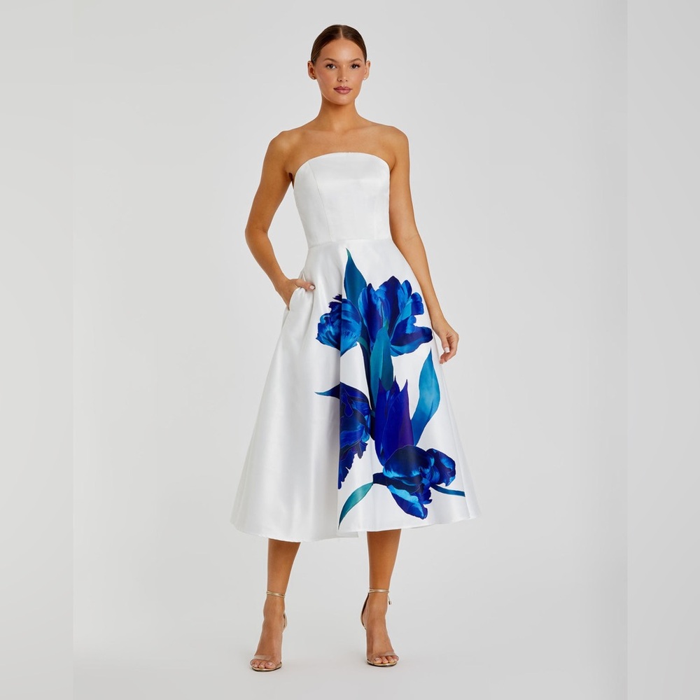 MAC DUGGAL
White Strapless Satin Midi Dress With Flower Print - Picture 3 of 6